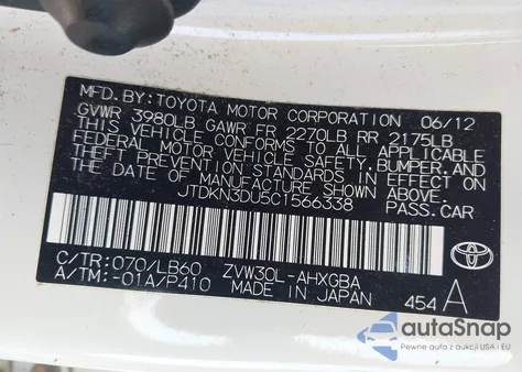 2012 Toyota Prius Four z USA, uszkodzony, nr VIN JTDKN3DU5C1566338